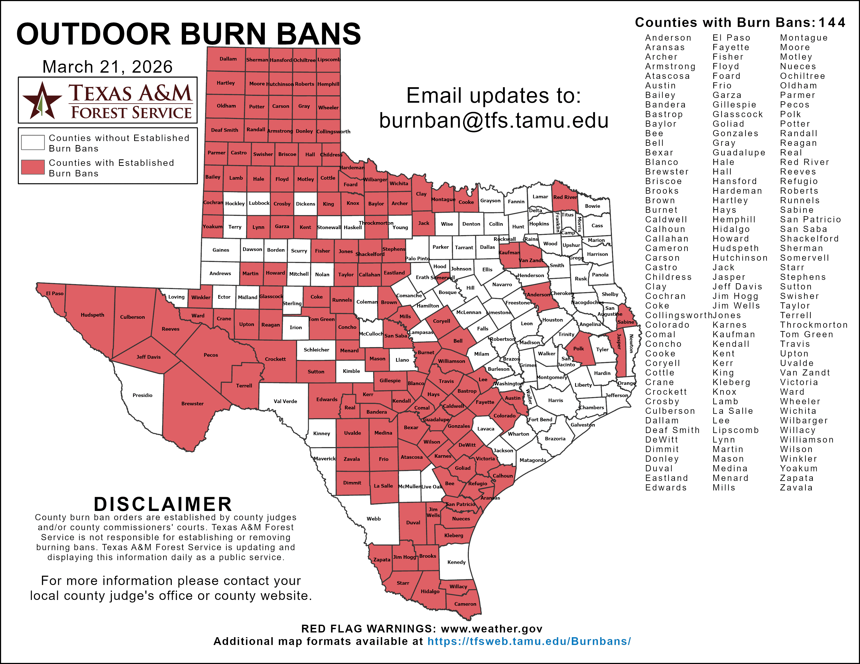 Official Texas A&M Forest Service burn-ban map