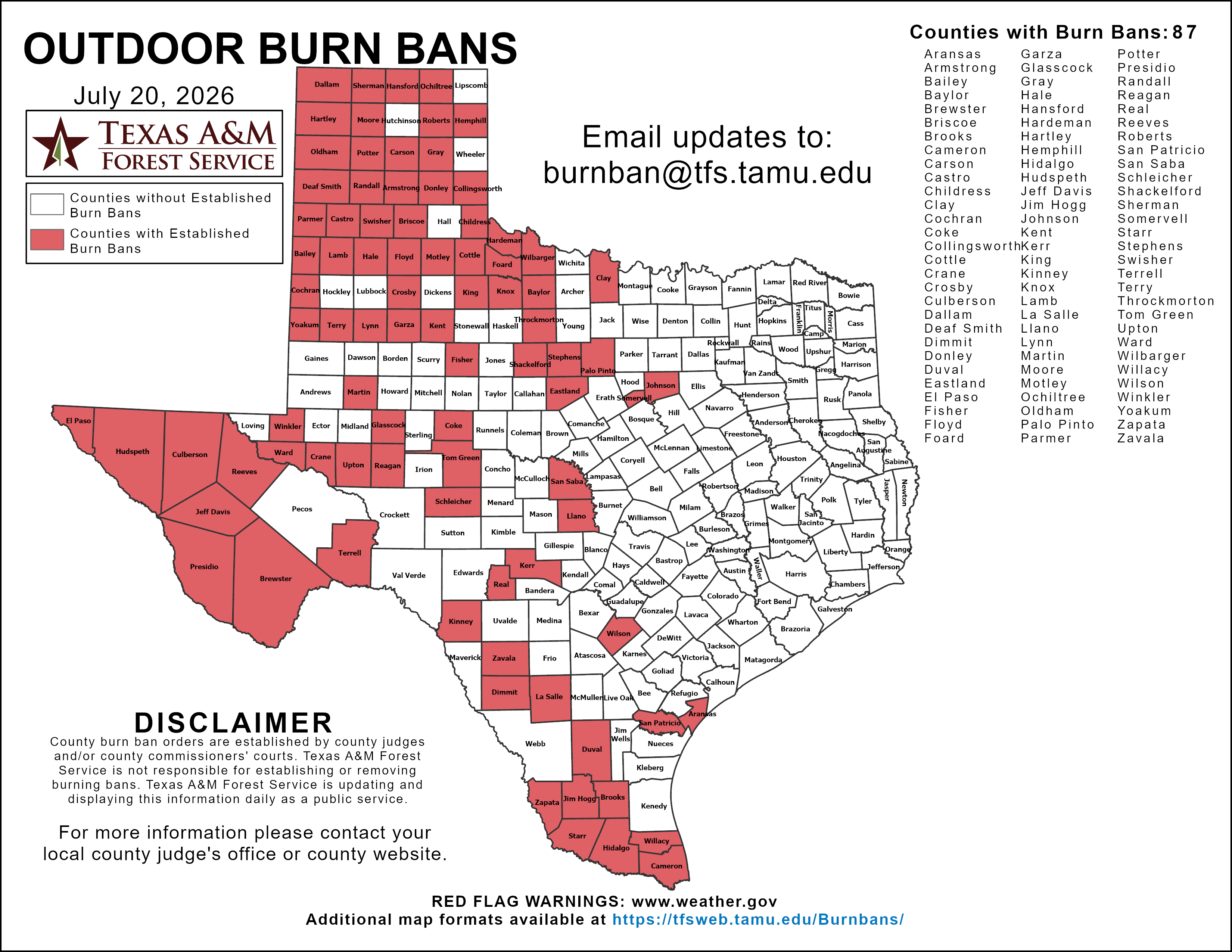 Official Texas A&M Forest Service burn-ban map